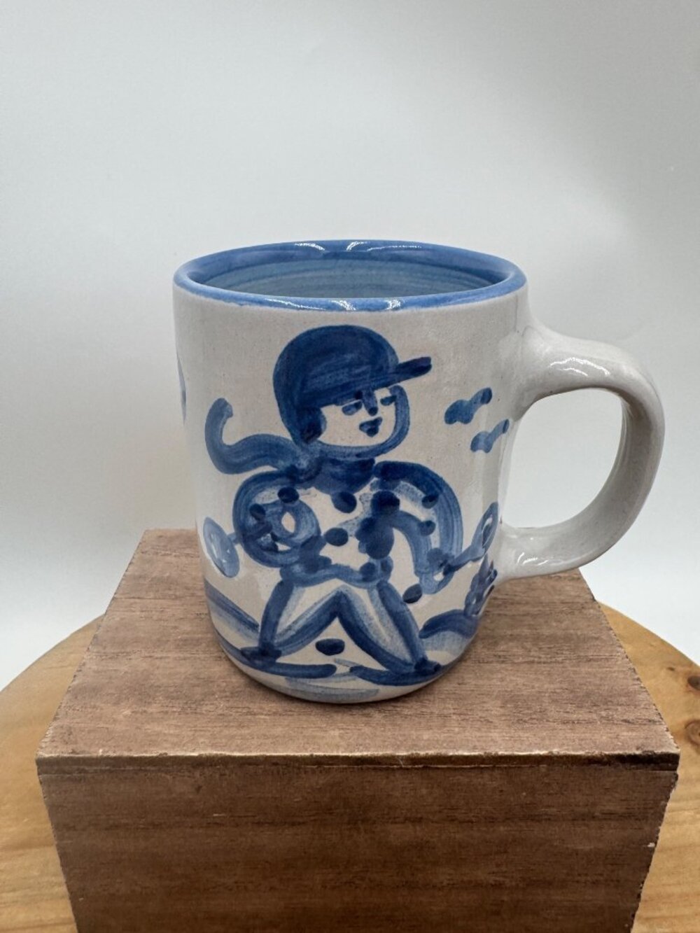Vtg MA Hadley Skier Man The End Ski Mug Art Pottery Coffee Cup White & Blue